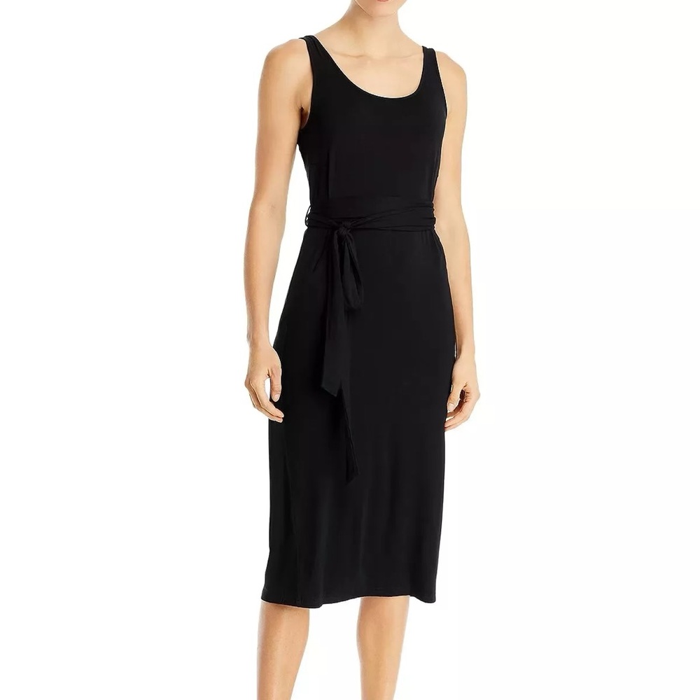 Three Dots- Soft Black Jersey Side Tie Wrap Midi Dress- small
